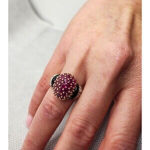 10K Yellow Gold Natural Ruby Cluster Ring with Onyx & Diamond Accents on Sides